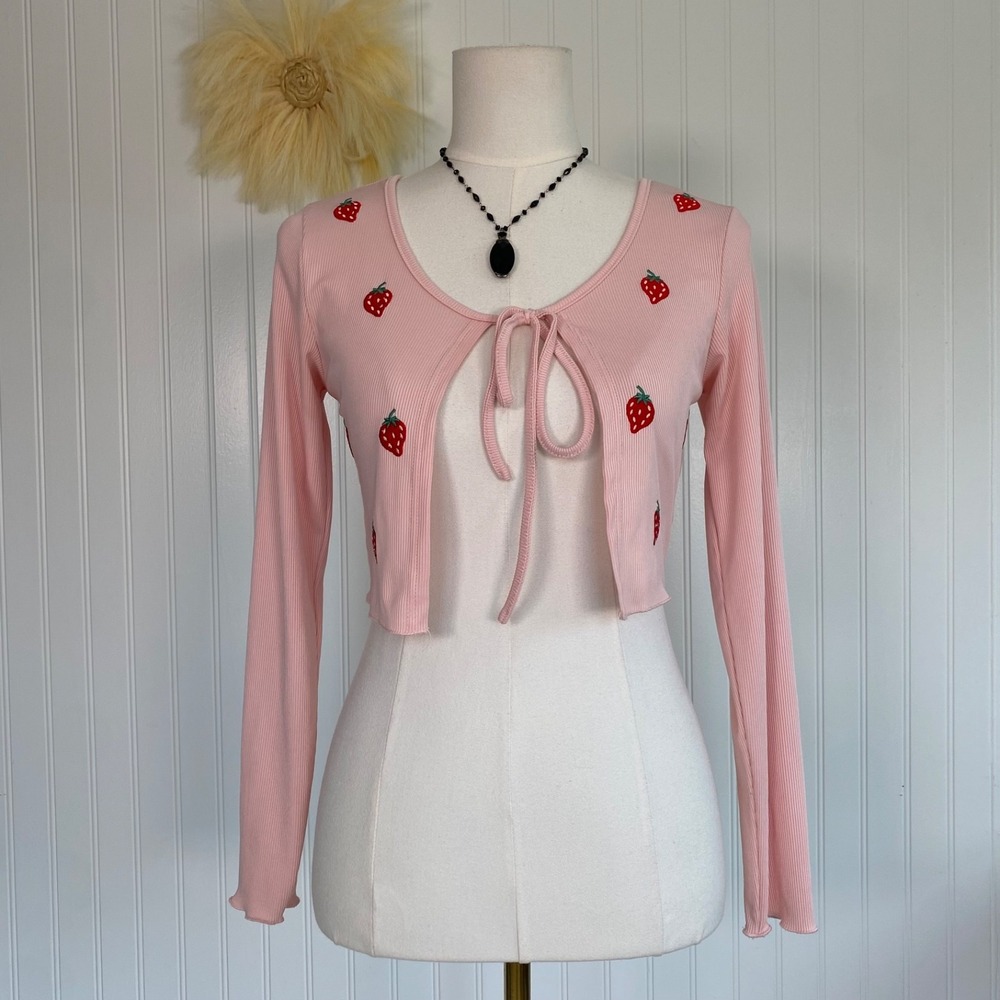Romwe Strawberry Embroidered Tie Front Top Size S Coquette Soft Girl Cottagecore
